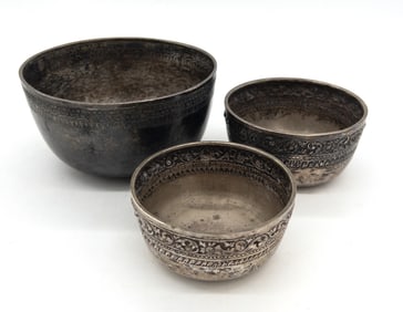 Lot of 3 Cambodia Khmer Silver Bowls