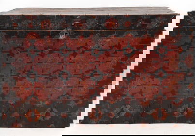 18th C. Tibetan Wood Painted & Iron Fitted Chest Box