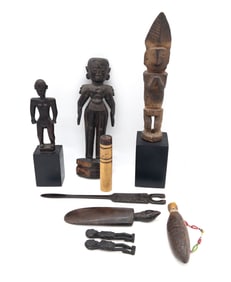 Lot of Indonesian Objects: Ancestral Figures, Lime Spatula, Containers