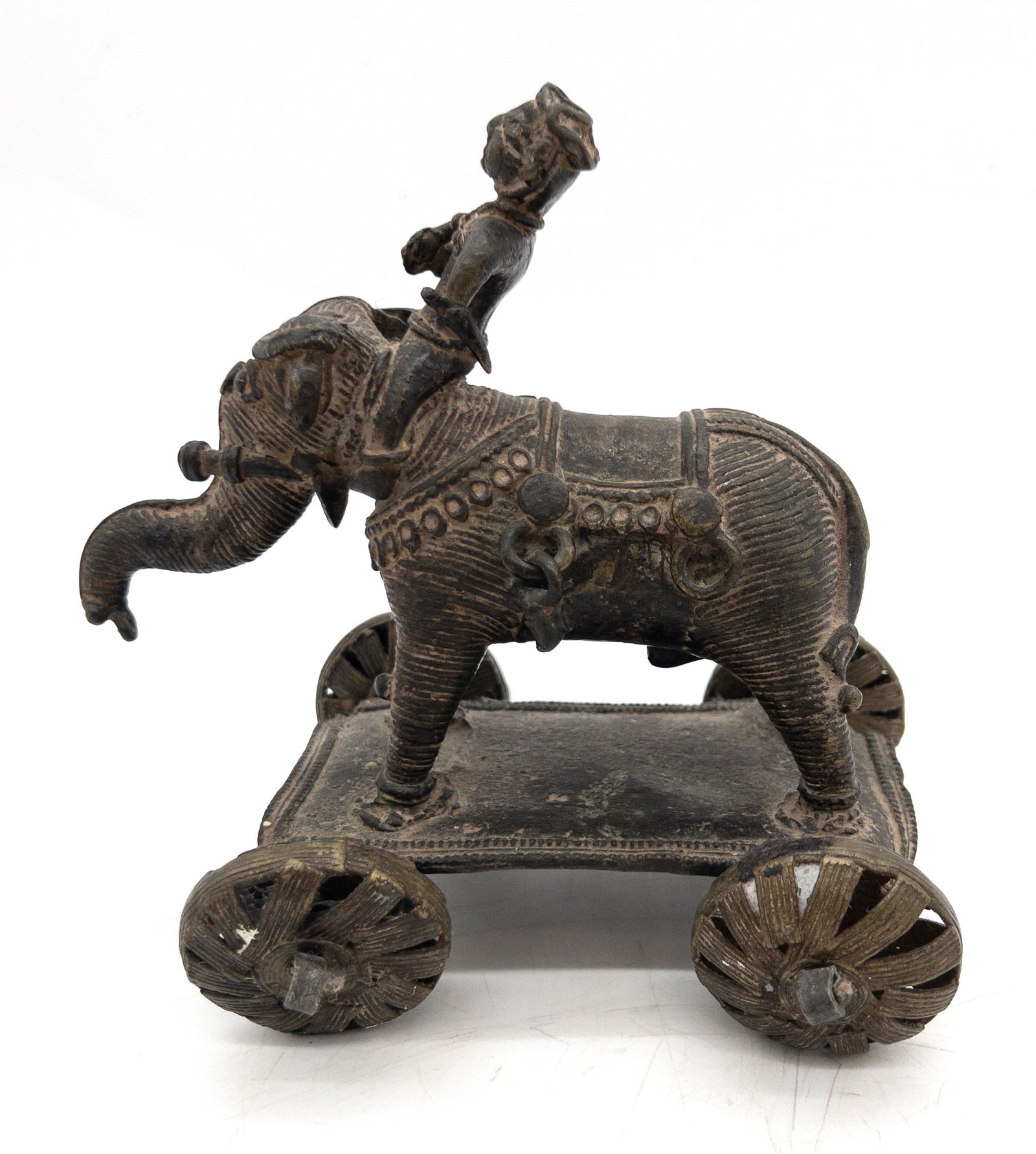 Indian Bronze Elephant on Wheels With Rider: Indian Bronze Elephant on Wheels With Rider. Measures appx 6 3/4" tall x 7" wide x 5 1/4" deep.