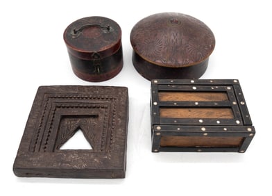 19th C. Indian Carved Teak Window Votive & 3 Wood Boxes