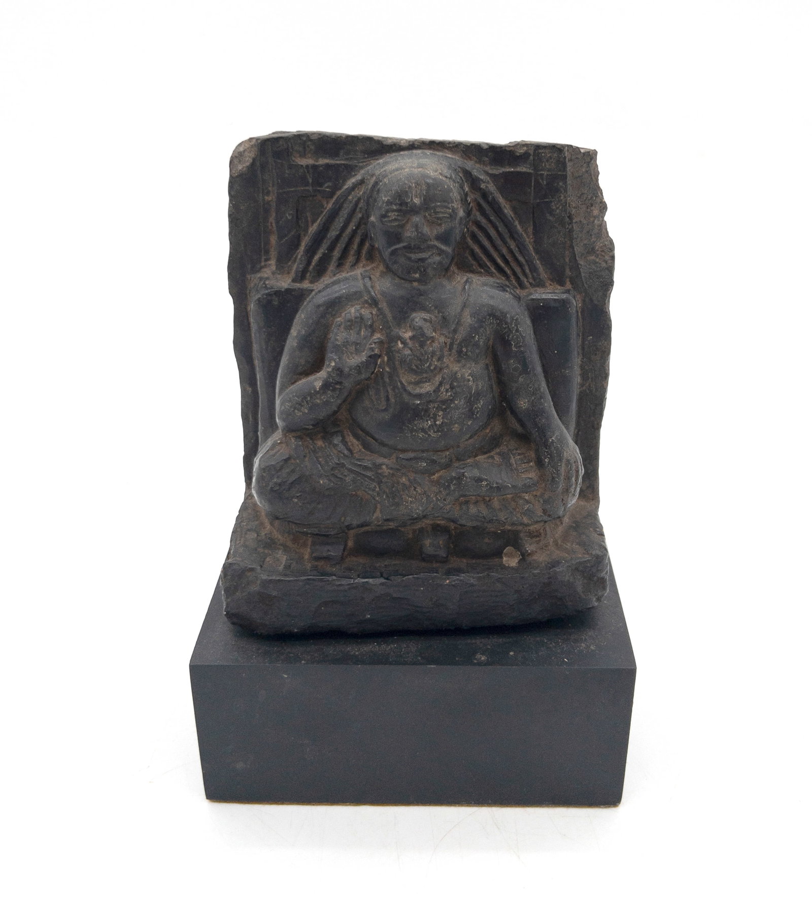 Indian Buddhist Black Schist Relief Sculpture, Follower of Vishnu: Indian Buddhist Black Schist Relief Sculpture, Follower of Vishnu. Measures appx 5" tall x 4" wide, and 7" tall on stand. Very good original condition with typical wear.