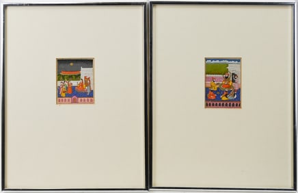 Early Pair Indian Miniature Paintings, Day & Night Scenes