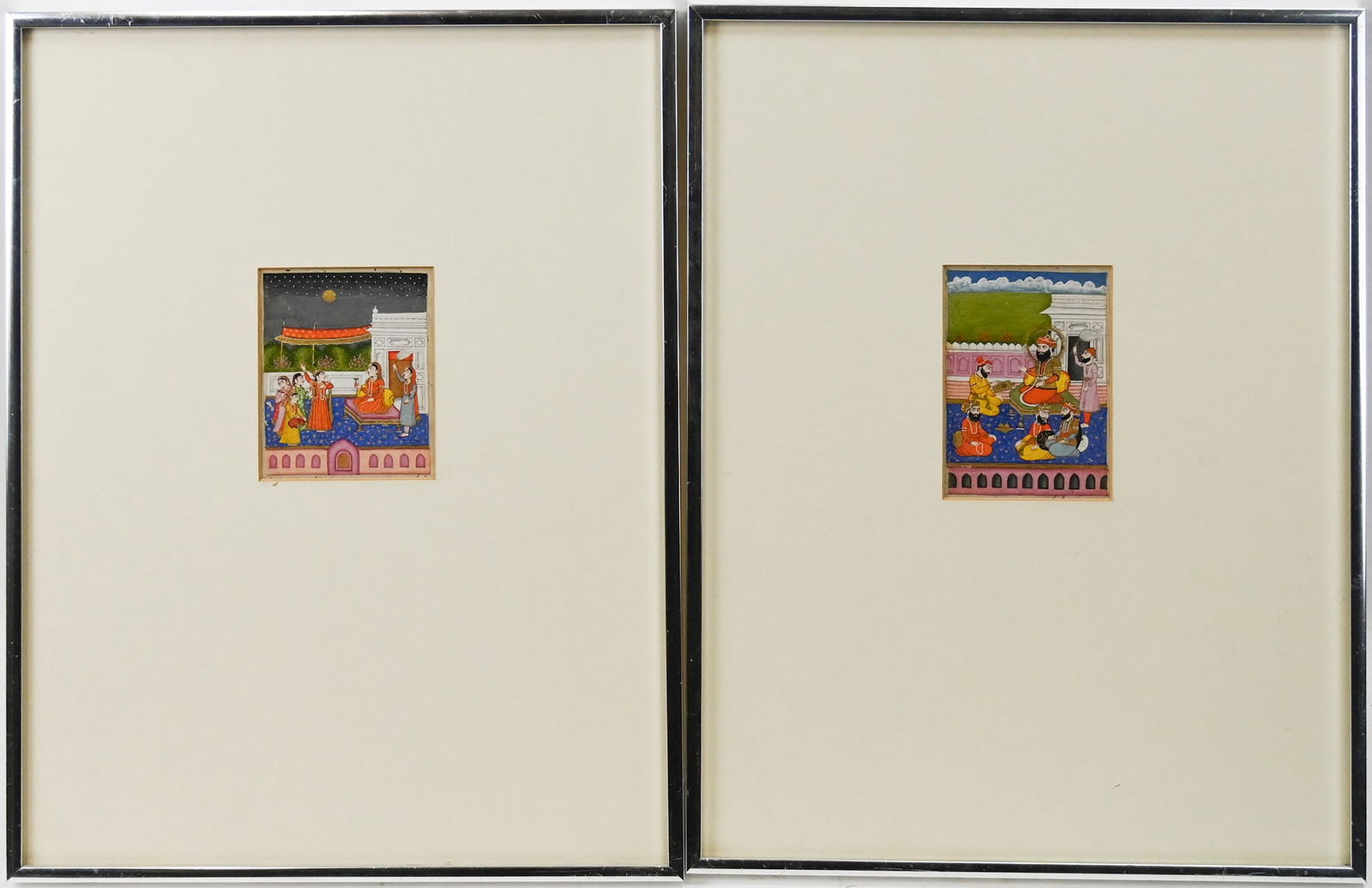 Early Pair Indian Miniature Paintings, Day & Night Scenes (1 of 3)