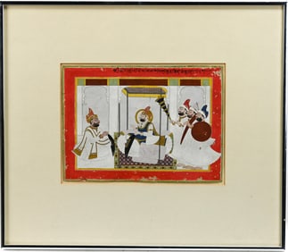19th C. Indian Painting of Nobleman with Attendants on a Terrace