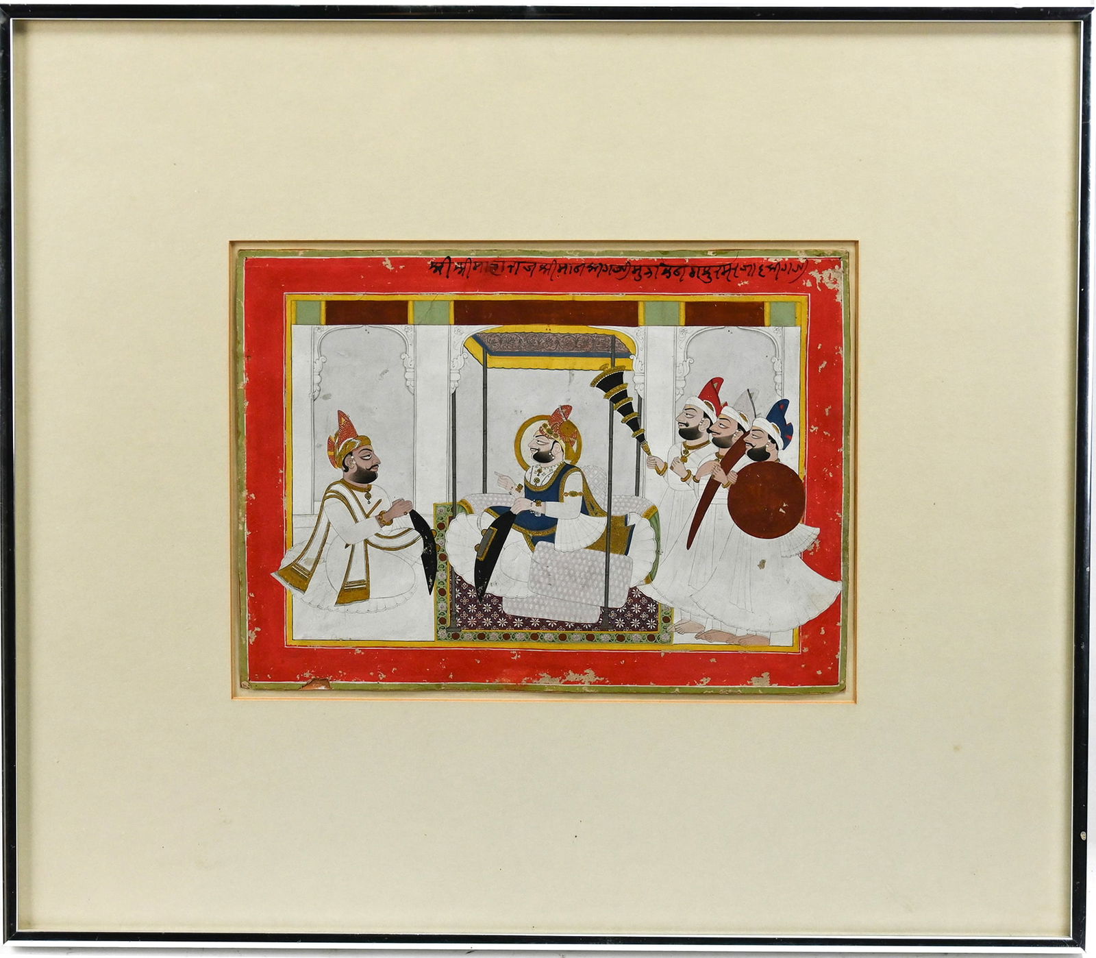 19th C. Indian Painting of Nobleman with Attendants on a Terrace (1 of 2)