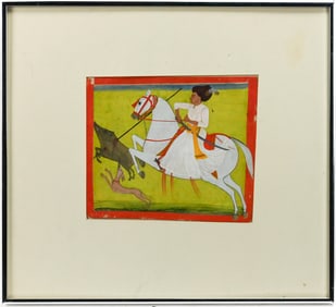 19th C. Painting Indian Nobleman Riding Stallion at Shikar