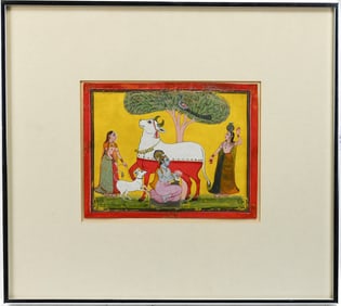 19th C. Indian Painting of Krishna With Cow and Ladies