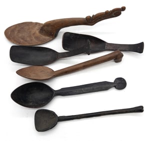 Group of 6 Carved Wood Food Spoons, Indonesia & Africa