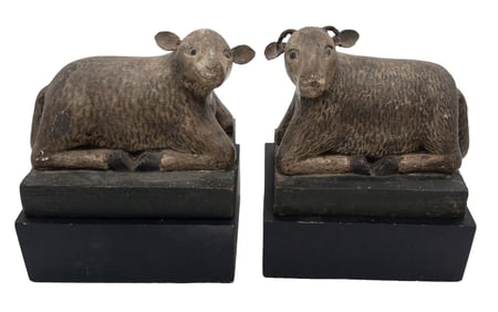 Pair of 19th C. Guatemalan Carved Wood Painted Sheep