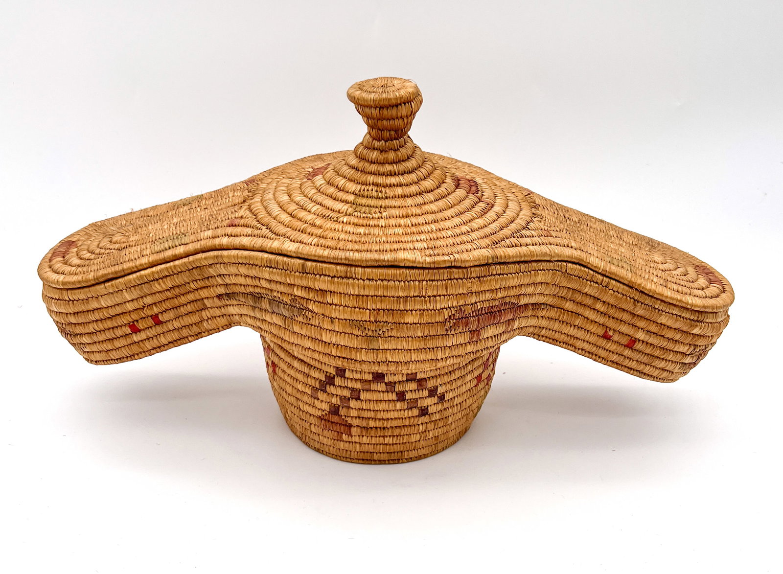 Native American Alaskan Yupik coiled basket with uniquely shaped lid (1 of 7)
