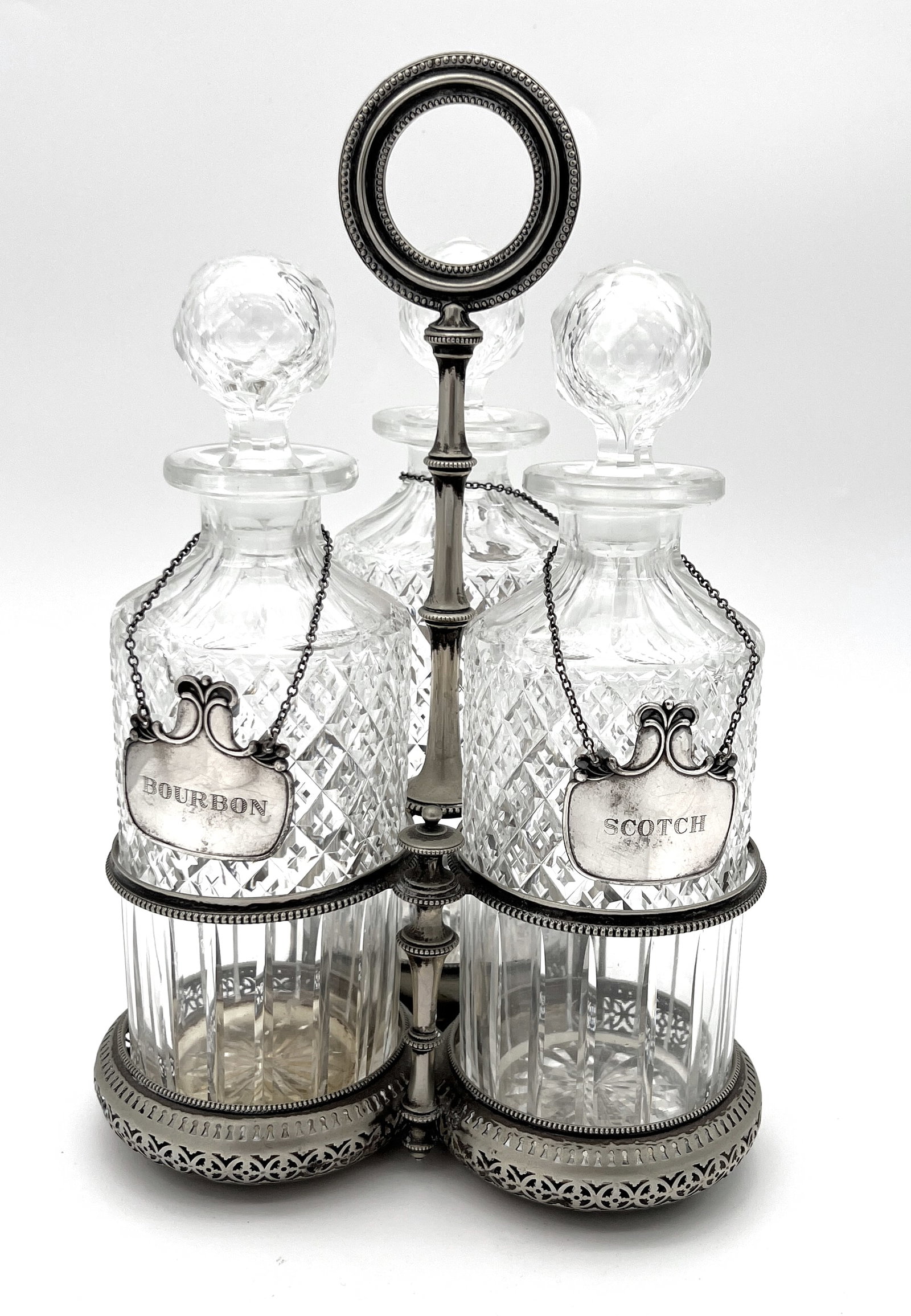 Crystal & Sterling 3 Bottle Tantalus Set (1 of 6)