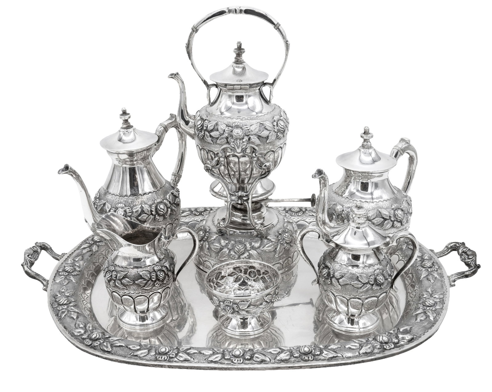 Mexican Hand Wrought Sterling Silver 7pc Tea And Coffee Service On Tray (1 of 9)