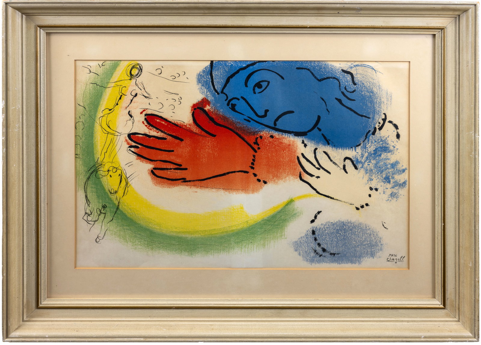 Marc Chagall Lithograph "Woman Circus Rider" 1956: Large Marc Chagall Lithograph "Woman Circus Rider" 1956. Signed in stone. Image measures appx 14" x 20 1/2" viewed, and 21 3/4" x 273/4" framed. Slight toning.