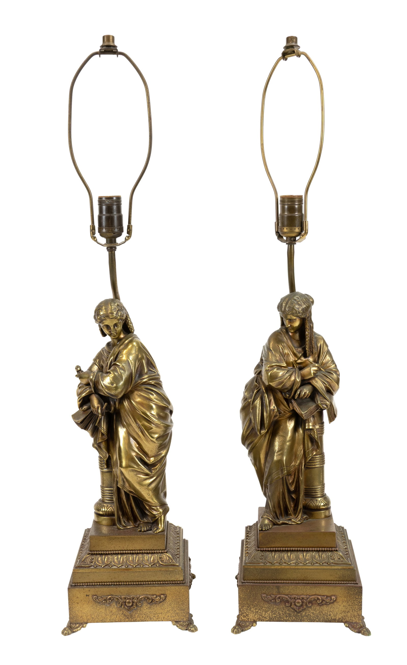 Pair Of French Greco Revival Gilt Bronze Robed Figure Lamps: Pair Of French Greco Revival Gilt Bronze Robed Figure Lamps. Height of figure appx 18" tall, and 31 1/2" to top of finial. In good condition.