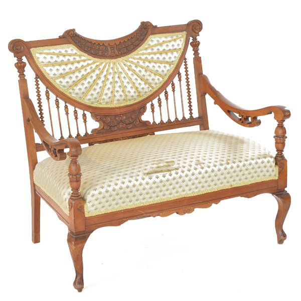 Victorian Eastlake Settee: Victorian Eastlake Settee, oak, with carved and upholstered back, carved and turned spindles, upholstered seat, over carved apron on cabriole legs, 34"h x 38"w x 26"d, good condition with some loss to