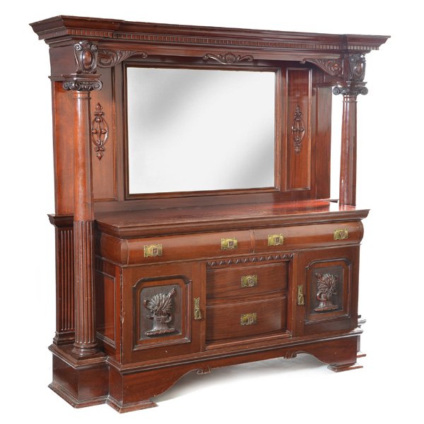 American Mirror Back Sideboard with Column Sides: American Mirror Back Sideboard with Column Sides, mahogany, with art nouveau hardware and sheaf of wheat decorated doors, all secondary wood is mahogany, 80"h x 83"w x 24"d, good original finish, with