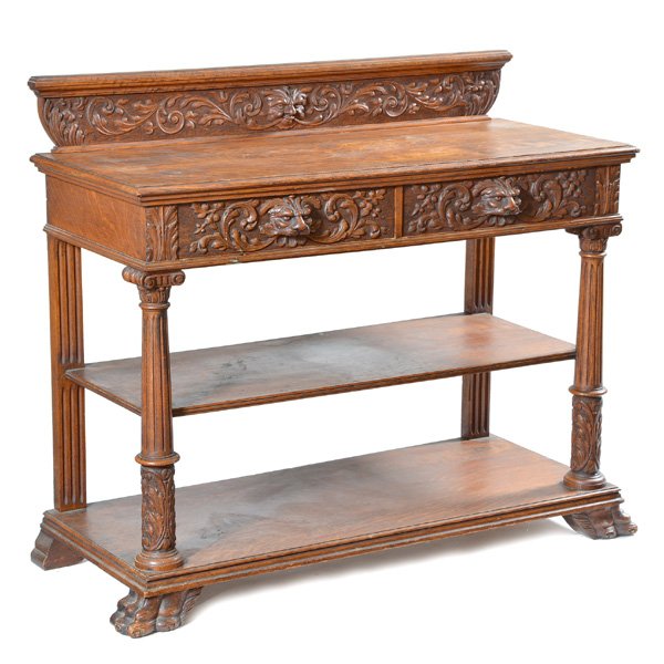American Victorian Server, Oak: American Victorian Server, Oak, three tiered server with lion headed backsplash and drawer above fluted column supports and lion paw feet, in original finish, 42"h x 48"w x 22"d, very good condition, 
