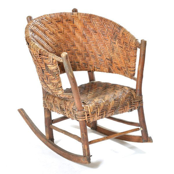 Old Hickory Style Adirondack Rocking Chair: Old Hickory Style Adirondack Rocking Chair, 32"h x 25"l x 32"d, good condition with some reinforcement along the base.