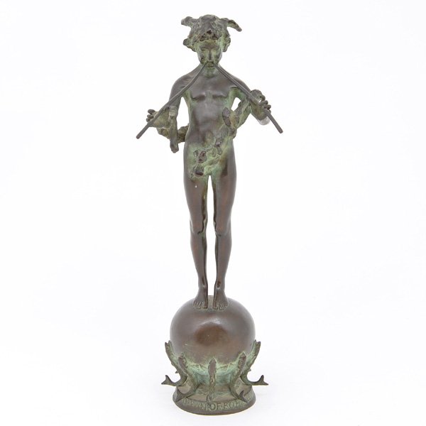 Frederick W MacMonnies (Am 1863-1937), "Pan": Frederick William MacMonnies (American 1863-1937), Bronze Sculpture of "Pan", playing the flute, with garland draped over his arms, atop a sphere with fish encirling the base, inscribed with signature