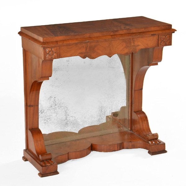 American Empire Style Console Table: American Empire Style Console Table, mahogany, with carved apron and mirrored back on scrolling plinth style feet, 32"h x 33"l x 15"w, good condition.