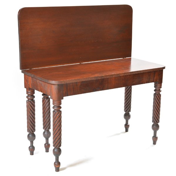American Empire Revival Gate Leg Tea Table, 19th C: American Empire Revival Gate Leg Tea Table, 19th C, Mahogany, spiral turned legs, 31"h x 48"w x 21"d, (42" open), good condition, with minor veneer missing on apron.