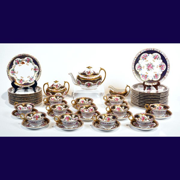 Spode China Luncheon Set: Spode China Luncheon Set comprised of: twelve salad plates, 8 1/4", eleven desert plates, 7 1/2", one professionally repaired, a tea pot, creamer and covered sugar, and twelve cups and saucers, decora