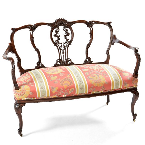 Edwardian, Settee, Mahogany: Edwardian, Settee, Mahogany, finely carved open back, with floral and stripe silk like fabric upholstered seat and double self cording, 37"h x 50"w x 27"d, very good condition.