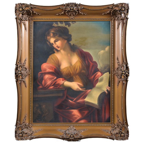 V. Rescigno, Continental School, 19th C, Painting: V. Rescigno, Continental School, 19th C, Portrait of Woman with a Book, oil on canvas, 40" x 29 1/2", good condition, relined.