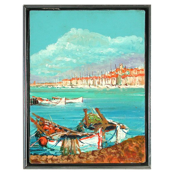 Kerry Hallam Painting Entitled Antibe: Kerry Hallam, "Antibe", oil on canvas, signed lower right. 12" x 9", in very good condition.