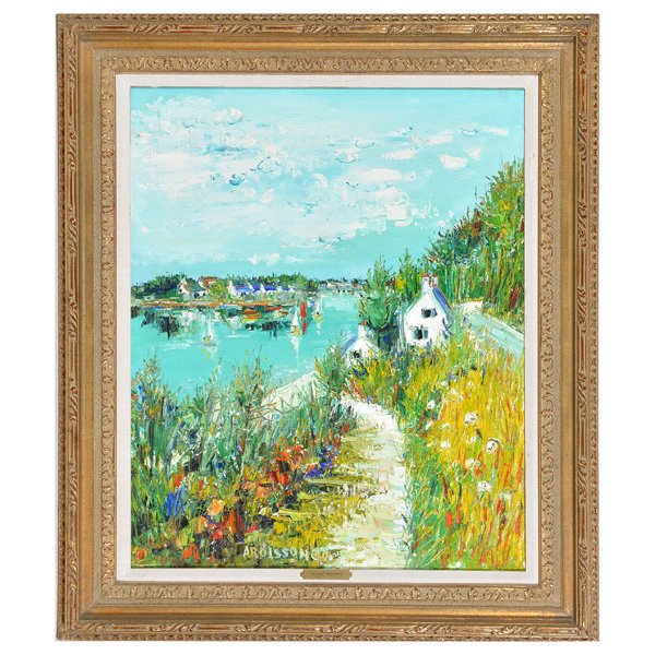 Yolande Ardissone ( French b.1927), Painting: Yolande Ardissone (French b. 1927), Harbor Path, oil on canvas, depicting water scene with sailboats, signed center bottom, 28 1/4" x 23", very good condition.