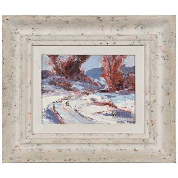 Joshua Meader (1911-1975), California Painting: Joshua Meader (1911-1975), winter road scene, oil on board, signed lower right, artist history on back, 7 1/2" x 9 1/2", very good condition.