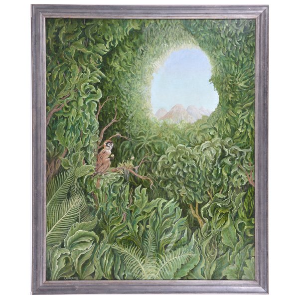 Dolores Chiappone, Jungle View with Monkey and Orchid,: Dolores Chiappone, Jungle View with Monkey and Orchid, oil on canvas, signed lower left, 39" x 31", very good condition.