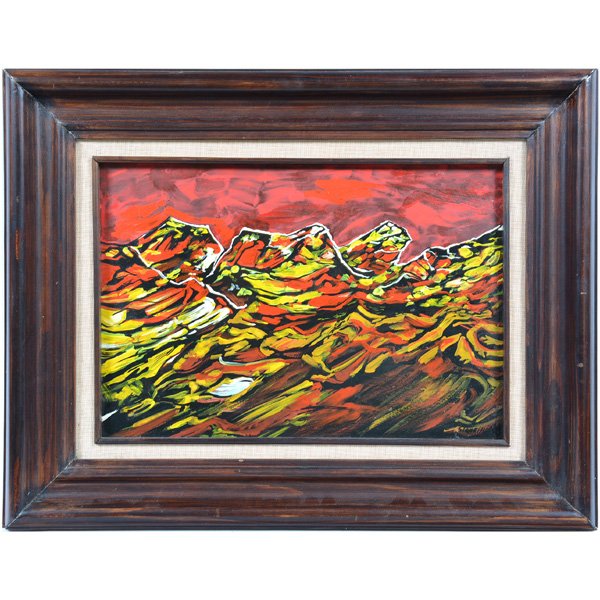 David Alfaro Siqueiros (Mexican 1896-1974), Painting: David Alfaro Siqueiros (Mexican 1896-1974), "Despues de la Gran Tormenta", 1966, translated "After the Great Storm", pyroxillin on masonite, saturated colors of reds and yellows depicting the aftermat