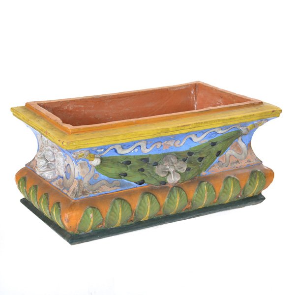Italian Ceramic Planter: Italian Ceramic Planter, of rectangular form with poly chrome decorated olive branches and mask handles, 10 1/2"h x 22"w x 13"d, good condition.