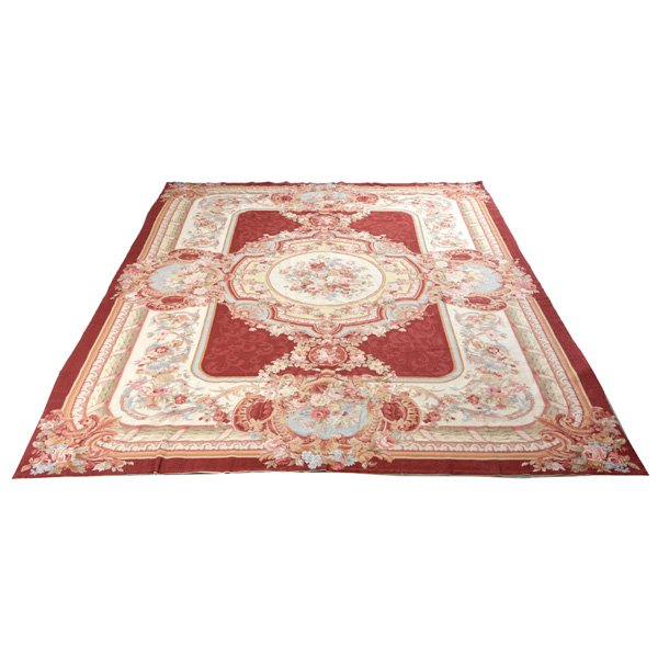 French Aubusson Style Tapestry/Carpet: French Aubusson Style Tapestry/Carpet, with floral decorated medallions against a burgundy ground, 11' 9"l x 8' 6"w, very good condition.