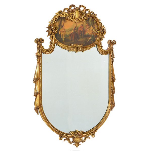 Fancy French Style Trumeau Mirror: Fancy French Style Trumeau Mirror, c. 1920, shield shape, gold frame surmounted by a open cartouche with a french scene, ribbon, floral and swag decorations, 49"h x 30"w, very good condition.