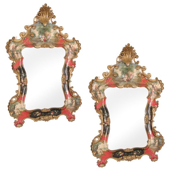 Pair of Hand Painted Italian Rococo Mirrors: MIRRORS. Matching pair of Italian Rococo mirrors, gilt framed with hand painted classical figural scenes, 20th century. Each measures: 60" h x 40" w, in very good condition.