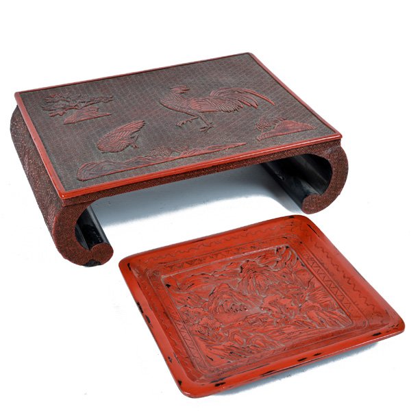 Lot of Japanese Cinnabar, 18th C: Lot of Japanese Cinnabar, 18th C, including a square tray with carved mountain scene by Hojiro, 7 1/4"d, together with a cinnabar altar table with carved images of a rooster and hen, 3 1/2"h x 11 1/4"