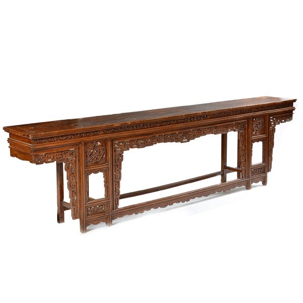 Chinese Altar Table: Chinese Altar Table, with reticulated aprons with inlaid hardwood figures of fish and fruit, 121"l x 34"h x 17"w.