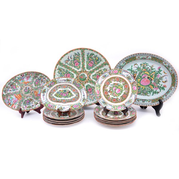 Lot of Canton Famille Rose Dinnerware: Lot of Canton Famille Rose Dinnerware including; 10 10" dinner plates, 10 1/2" platter, oval 8 1/2" platter, 16" oval platter and 14 3/4" footed charger, Estate of R.W. Hanna Vice President at Standar