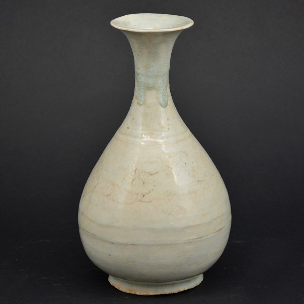 Chinese Pale Blue Bottleneck Vase: Chinese Pale Blue Bottleneck Vase, early earthenware, remnants of floral decoration, drip glaze, 10"h.