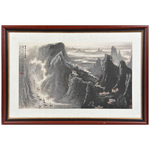 Chinese Landscape Painting, signed Li Keran: Chinese Landscape Painting, signed Li Keran, framed, ink and color on paper, inscribed and signed with two seals, 18" x 30.5".