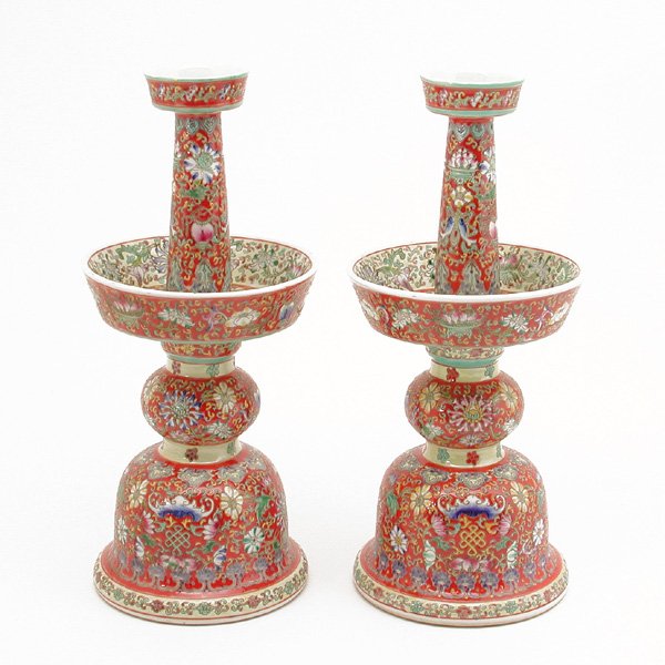 Pair of Chinese Porcelain Candle Stands: CANDLE STANDS. Pair of Chinese porcelain candle stands, both bearing seals to bases, 15"h, in very good condition.