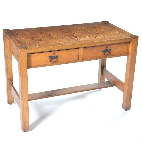 Arts and Crafts Library Table: Arts and Crafts Library Table, oak, with star pattern multi-wood inlay top, two drawers and stretcher at bottom, 311/8" h x 44" w x 23 1/2"d, mirror wear on top.
