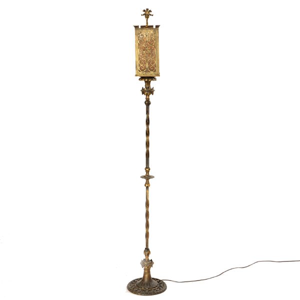 Wrought Iron Floor Lamp With Mica Shade: Wrought Iron Floor Lamp With Mica Shade. height 67", good condition.