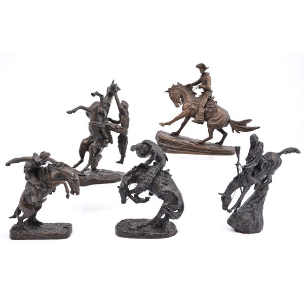 Lot of Miscellaneous Western Bronze and Composition: Lot of Miscellaneous Western Bronze and Composition Figures, reproductions from original sculptures by Frederic Remington and Charles M. Russell, issued by the New England Collector's Society, 9 1/2" 