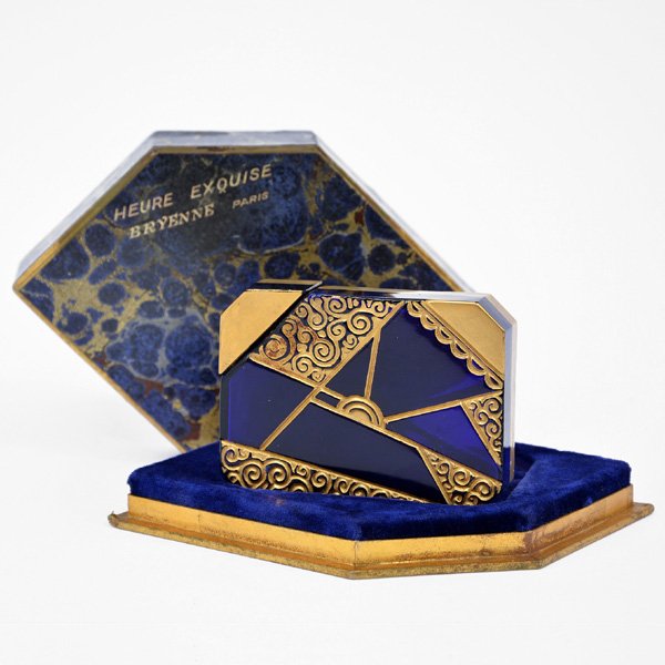Heure Exquise Art Deco Perfume Bottle, Breyenne: Heure Exquise, a rare perfume bottle for Breyenne, circa 1924, blue glass with gilt detail and labeled on base. Cork stopper (not original to bottle) in blue and gilt box with blue velvet cushion inte
