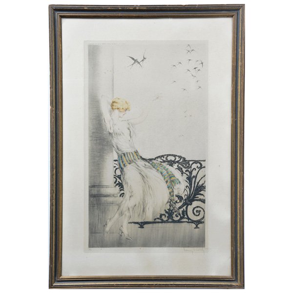 Louis Icart, "Les Hirondelles", Etching: Louis Icart (French 1888-1950), "Les Hirondelles", Etching and aquatint printed with color and hand color, translated "Swallows", copyright and publisher notation upper left, numbered 206, and signed