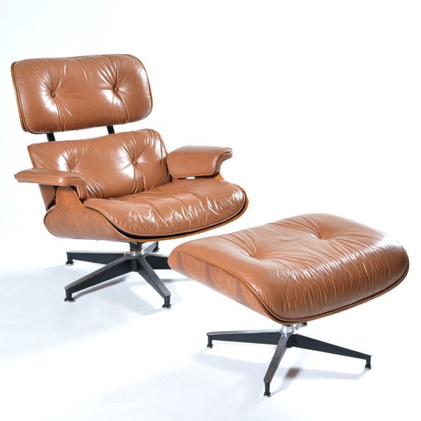 Charles and Ray Eames, Lounge Chair and Ottoman: Charles and Ray Eames, Lounge Chair and Ottoman, brazilian rosewood, light brown leather, enameled aluminum, enameled steel and rubber, by Herman Miller (model no. 670-671), Zeeland, MI, signed with a